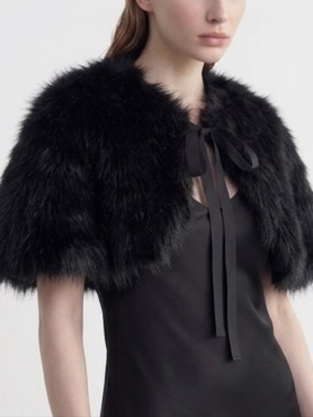 Black Faux Fur Capelet Shrug with Tie Closure